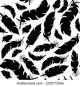 Flat style black bird feathers on white background seamless vector. Decoration contour elements