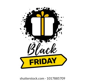 Flat style black friday design. Vector creative illustration of black friday sale inscription typography with present and ribbon on white color background. Template of web, site, sale, discount banner