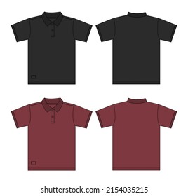 Flat style black and red Color Polo shirt Vector illustration Template front and back views isolated on white background. Apparel Design Mock up cad.