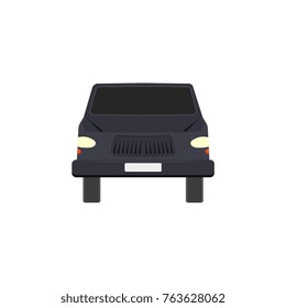 Flat style black sedan car, automobile icon, front view vector illustration isolated on white background. Flat style car, automobile, motor vehicle icon, decoration element