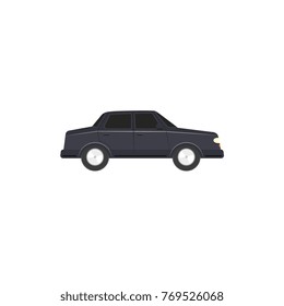 Flat style black sedan car, automobile icon, side view vector illustration isolated on white background. Flat style car, automobile, motor vehicle decoration element