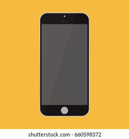 Flat style black smartphone black color with grey empty screen on orange background. black Smartphone flat style icon vector eps10. Smartphone black color front view
