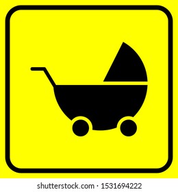  Flat style black stroller icon with a yellow background. vector illustration