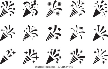 Flat Style Black and White Celebration Popper Icons Pack with Clean Minimalist Silhouettes