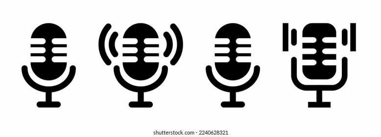 Diseño de conjunto de iconos de micrófono blanco negro de estilo plano. Vector de material.