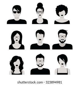 Flache schwarz-weiße Menschen Haarschnitt Vektorsymbol Satz. Junge männliche Hip-Programmiererin Designer Bart Schnurrbart emo avatar Sammlung.