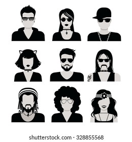 Flat style black and white people haircut vector icon set. Young male female hipster programmer designer beard mustache emo avatar collection.