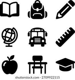 Flat Style Black and White School Education Equipment Icon Set Collection