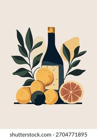 garrafa de vinho preto de estilo plano com citrinos arte decorativa