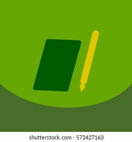 Flat style blank, realistic notepad, notebook isolated on colour square with pen