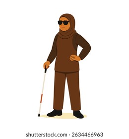Flat style blind Muslim woman in hijab with cane – vector illustration for inclusion, accessibility, and disability representation