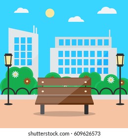 Flat style blooming summer cityscape with bench and street lights. Vector illustration of city park