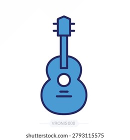 A flat style blue acoustic guitar icon representing music and artistic creativity isolated on white background