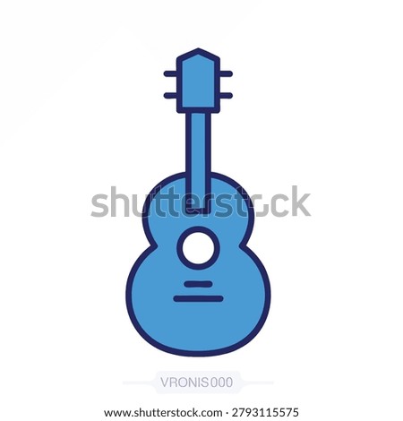 A flat style blue acoustic guitar icon representing music and artistic creativity isolated on white background