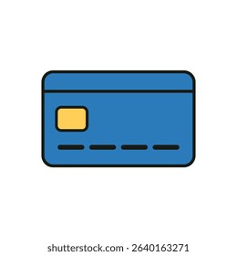 Flat style blue credit card icon with yellow chip and dashed number line on white background