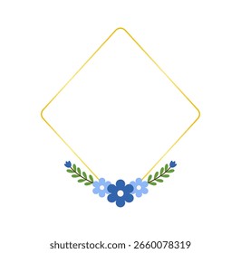 Flat Style Blue Flower Border with Leaves for Printable Stationery and Templates