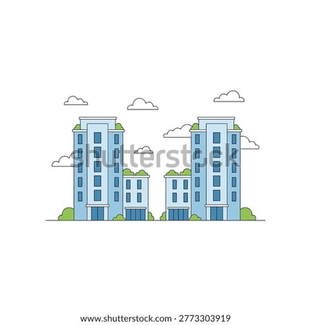 Flat style blue highrise and midrise buildings with clouds