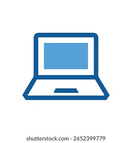 Un icono de portátil azul de estilo plano sobre un fondo blanco. El diseño minimalista representa la tecnología digital moderna y la conectividad.