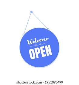 Flat style blue open signboard. Vector illustration