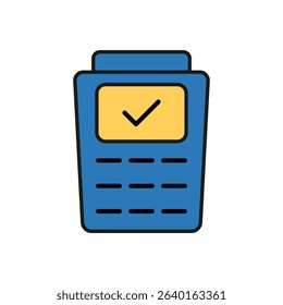 Flat style blue POS terminal icon with yellow screen and check mark for payment approval design