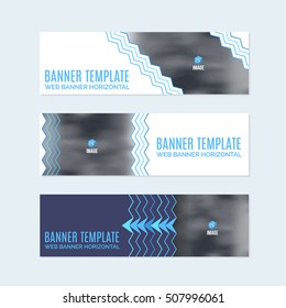 Flat Style Blue Website Banner, Horizontal Background and Web Layout Ad Vector Cover Illustration. Image Add Business Advertisement Banners Design Collection with Creative Clean Geometric Elements Set