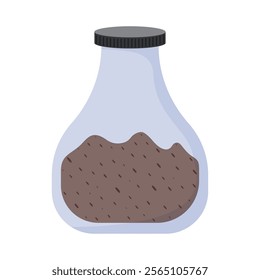 Flat style bottle with dark granular substance inside on white background.