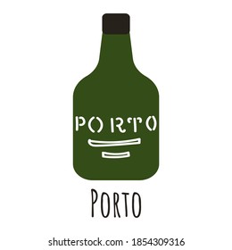 Flat style bottle of port wine, symbol of Porto. Landmark icon for travelers. Vector illustration isolated on white background.