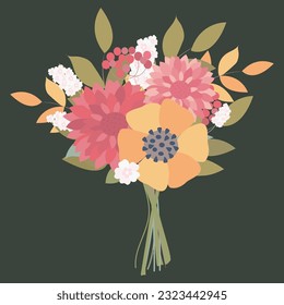 Flat style bouquet with gartensia, begonia, white flowers and greenery.Vector illustration. Gift for March 8, mother's day. Bouquet for girls, women. Forget-me-nots, greens and flowers...