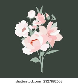 Flat style bouquet with peonies and pink magnolia flowers and juicy greenery.Vector illustration. Gift for March 8, mother's day. Bouquet for girls, women. Forget-me-nots, greens and flowers