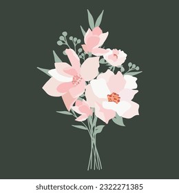 Flat style bouquet with peony rose and pink magnolia flowers and juicy greenery.Vector illustration. Gift for March 8, mother's day. Bouquet for girls, women. Forget-me-nots, greens and flowers