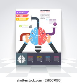 Flat Style Brain and Creative Think Business Infographics Template, Flyer, Numbered Banner, Icon Elements, Corporate Brochure Design