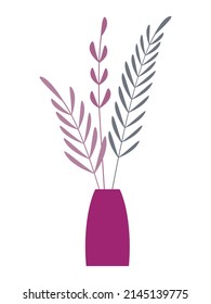 Flat style branches and leaves silhouette in pink vase isolated on white. Minimalistic botanical vector illustration. Floral design element for print, pattern, banner of card.