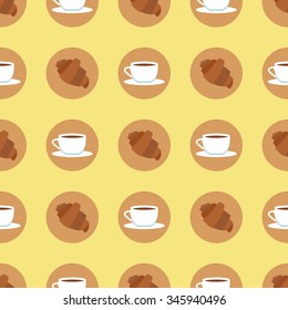 Flat style breakfast seamless pattern. Tea and croissants backdrop. A cup of coffee and bakery background