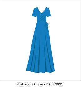 Flat Style Bridesmaid Dress Vector illustartion. Cartoon style half sleeve dusty Long Prom Dress vector icon isolated on white background. Long Blue A -Line Bridesmaid Wedding Party Dress Pictogram