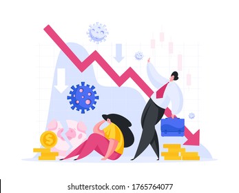 Flat Style Of Broken Woman Losing Investment Money After Outbreak Of Infection Disease Suffering With New Problems Of Economy On White Background