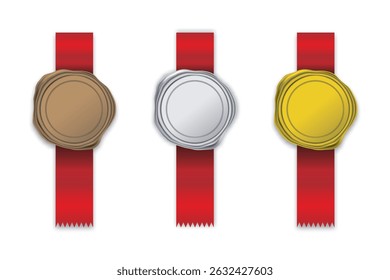 Flat style bronze, silver, and gold medals with vertical red ribbons