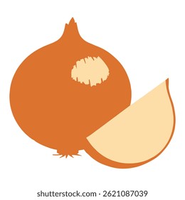 Flat style brown onion with slice – vector illustration on a white background. Great for food-related designs, cooking apps, farm markets, packaging, healthy eating content and so on.