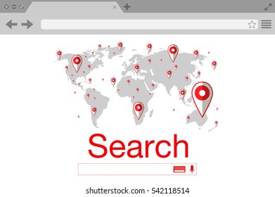 Flat style browser search engine. World map with pins. Vector stock illustration