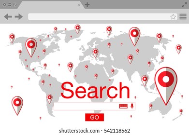 Flat style browser search engine. World map with pins. Vector stock illustration