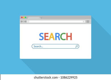 Flat style browser window on light blue background. Browser search. Vector stock illustration.