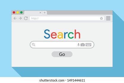 Flat Style Browser Window On Blue Background. Search Engine Illustration 