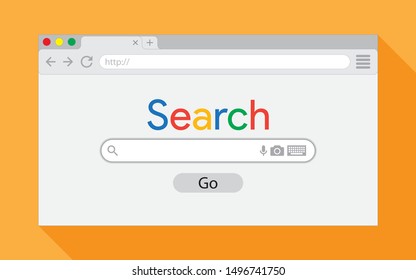 Flat style browser window on orange background. Search engine illustration 