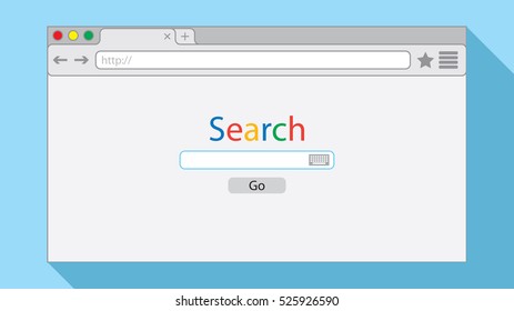 Flat style browser window on light blue background. Search engine illustration