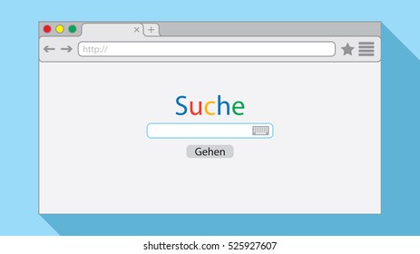 Flat style browser window on light blue background. Search engine illustration. Inscriptions "Search" and button "Go" in German language.