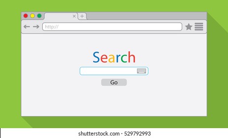 Flat style browser window on green background. Search engine illustration.