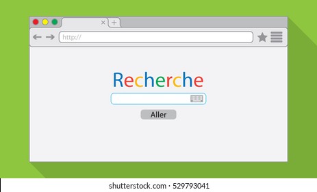 Flat style browser window on green background. Search engine illustration. Inscriptions "Search" and button "Go" in French language.