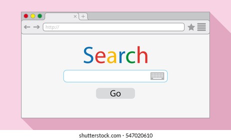 Flat style browser window on pink background. Search engine illustration