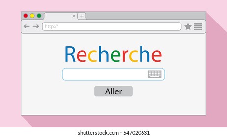 Flat style browser window on pink background. Search engine illustration. Inscriptions "Search" and button "Go" in French language.