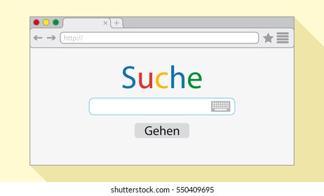 Flat style browser window on yellow background. Search engine illustration. Inscriptions "Search" and button "Go" in German language.