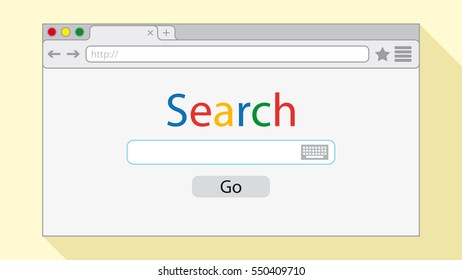 Flat style browser window on yellow background. Search engine illustration